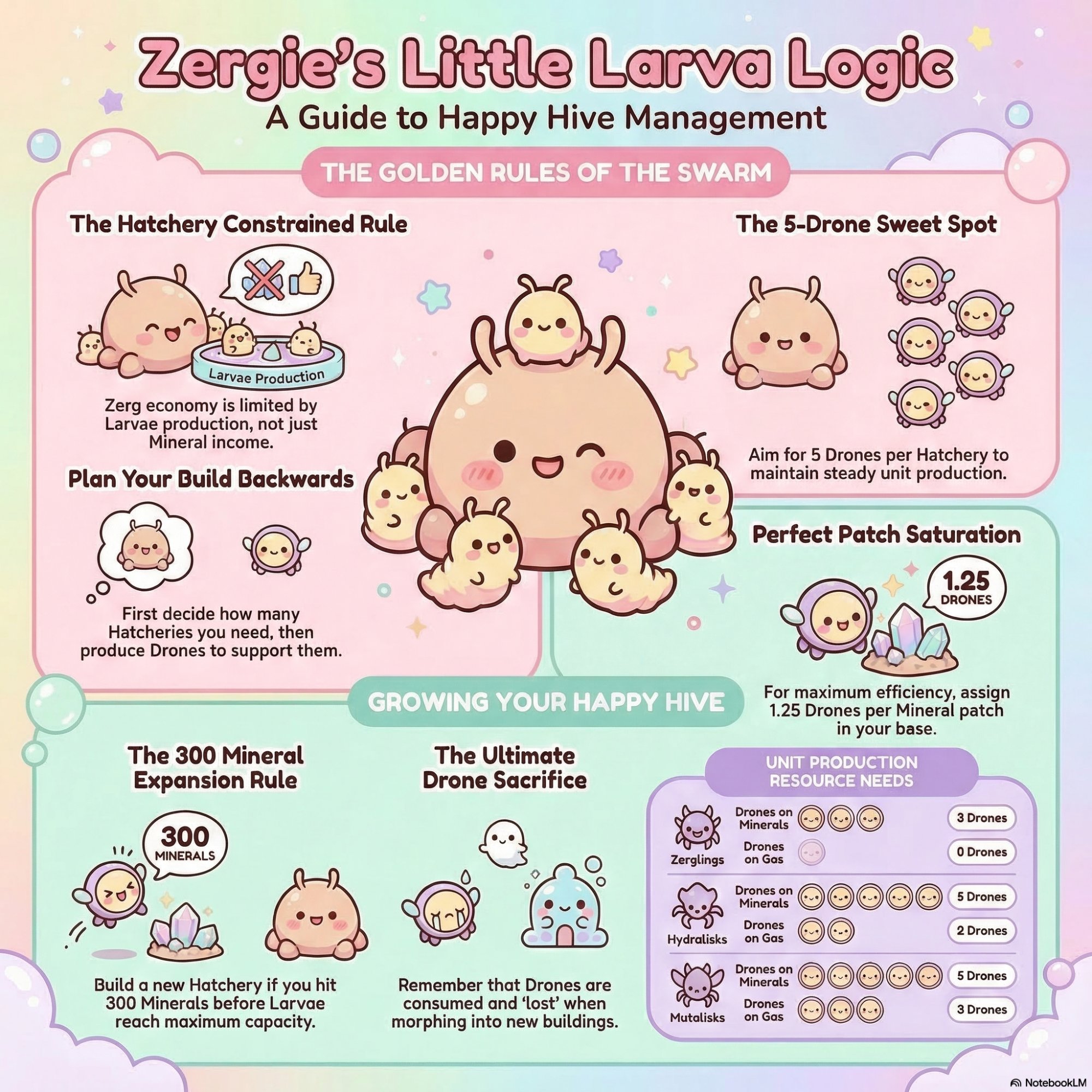 Zergie's Little Larva Logic — a visual guide to Happy Hive Management covering the Hatchery Constrained Rule, 5-Drone Sweet Spot, 300 Mineral Expansion Rule, and Unit Production Resource Needs