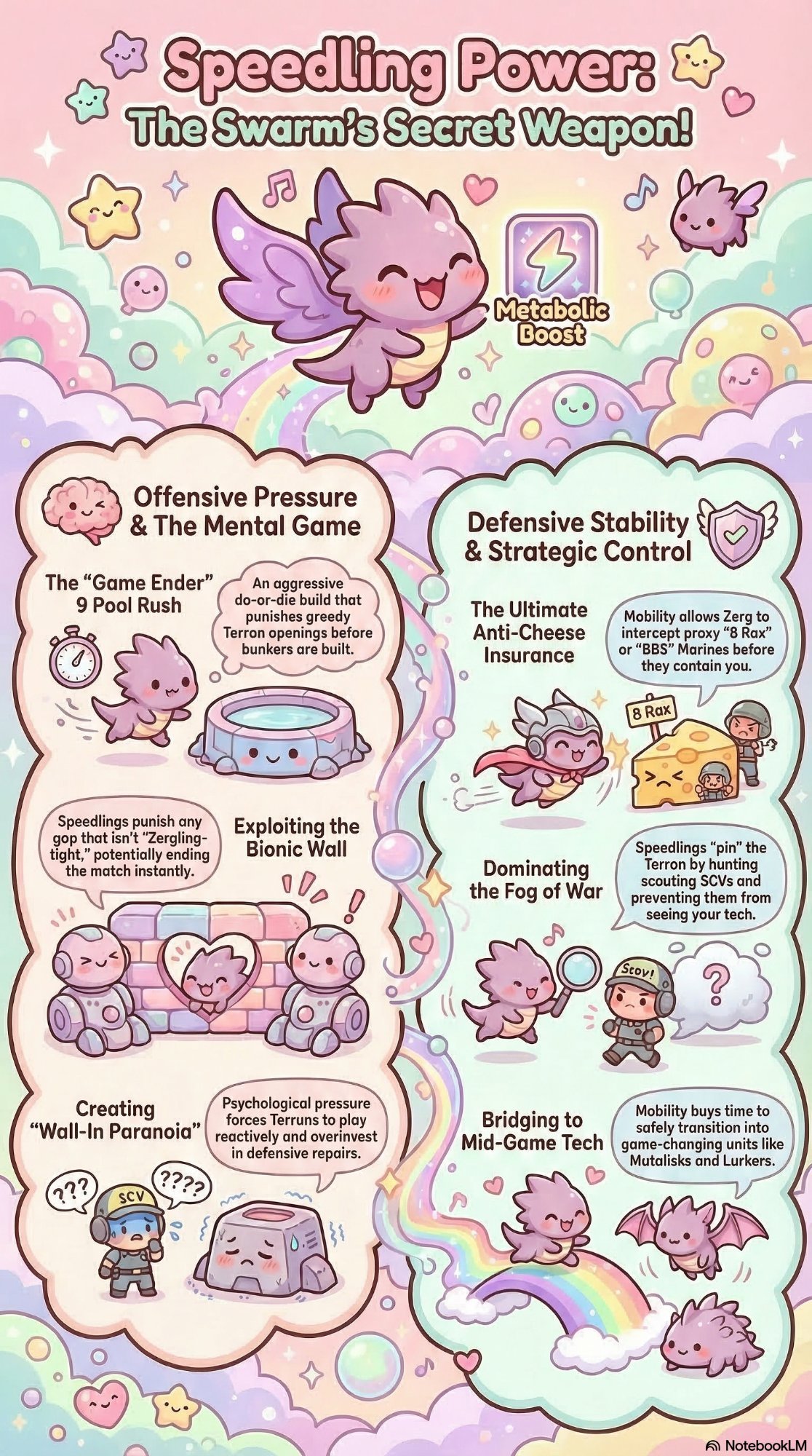 Speedy Power: The Metabolic Boost Advantage — infographic covering Zoomies (slow crawlers to speedlings), No Peeking (deny Terran scouting), Wall Breakers (early attack pressure), Sneaky Backstabs (catching Terran off guard), and Fueling the Hive (rapid tech transitions to Mutalisks or Lurkers)